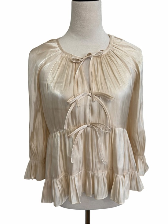 cinq a sept Tops - Cinq a Sept Cream Shiny Champagne Ruffled Tie-Front Peasant Blouse